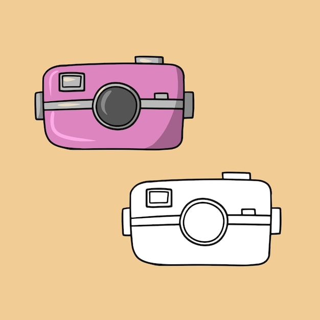 Set van foto's Roze camera met lens voor reizen cartoon vectorillustratie