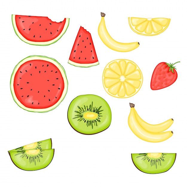 Set van fruit en bessen: kiwi, banaan, watermeloen en aardbei, citroen. Vector illustratie geïsoleerd