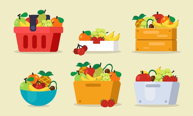Set van fruit met mand, tas, houten doos, gegoten vectorillustratie