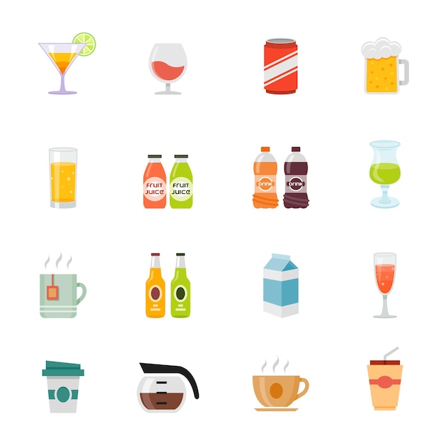 Vector set van full color drank en drank icoon plat ontwerp vector illustratie