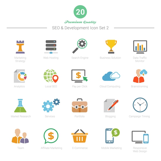 Set van Full Color SEO en Development iconen Set 2