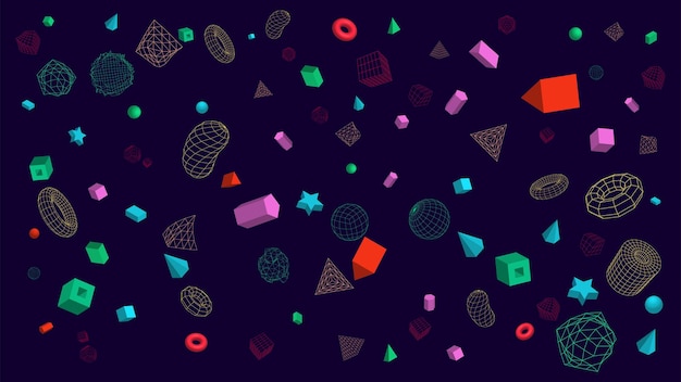 Set van futuristische geometrische vormen in cyberspace Complete en lineaire objecten in retrostijl Abstracte achtergrond met vormen in verschillende kleuren Vector illustratie