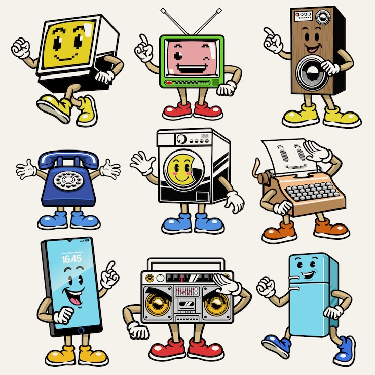 Vector set van gadget en elektronische karakter mascotte