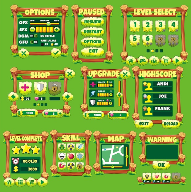 Set van game-interface met knoppen, status en element