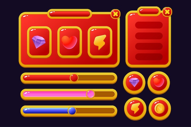 Set van game-items menuknoppen pop-upschermen en instellingenknoppen rood en geel