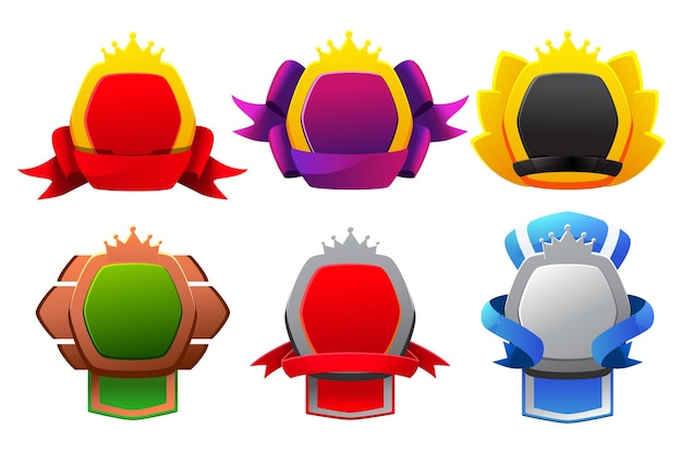 Set van Game level badges Leeg award badges met koninklijke banners en UI-icons Geïsoleerde bonus grafische elementen belonen trofee prestatie en prijs