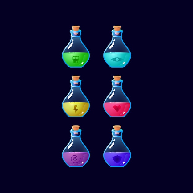 Set van game ui kleurrijke potion fles magische power-up voor gui asset-elementen