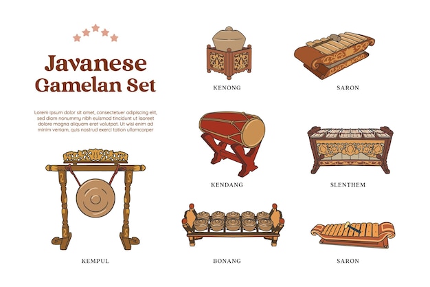 Set van gamelan traditionele muziek instrumentale hand getekende illustratie
