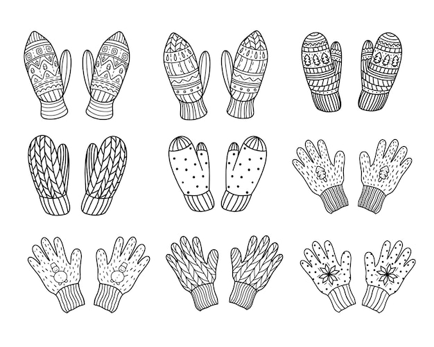 Set van gebreide handschoenen en handschoenen geïsoleerd op een witte achtergrond vector illustratie in doodle stijl ontwerp voor nieuwjaar en kerst winterkleding