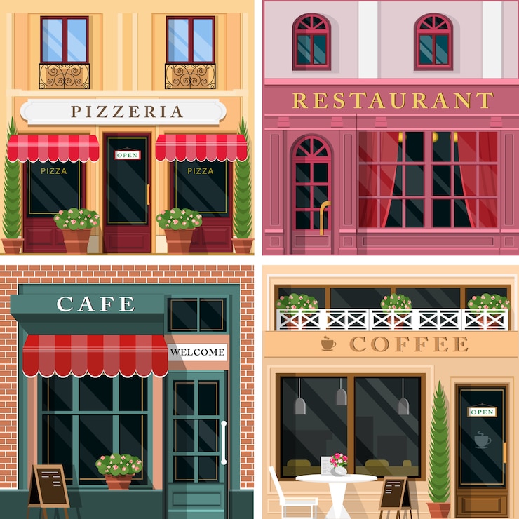 Vector set van gedetailleerde platte ontwerp restaurants en cafés gevel pictogrammen. koel grafisch exterieurontwerp voor restaurantzaken.