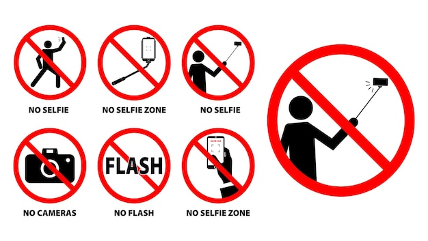 set van geen selfie zone of selfie verbod teken eps vector