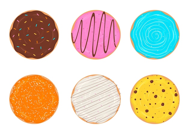 Vector set van geglazuurde donuts kleurrijke platte donuts zoet dessert ontwerp bovenaanzicht ongezond voedsel fastfood vectorillustratie