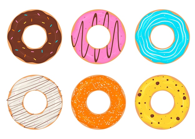 Set van geglazuurde donuts kleurrijke platte donuts zoet dessert ontwerp bovenaanzicht ongezond voedsel fastfood vectorillustratie