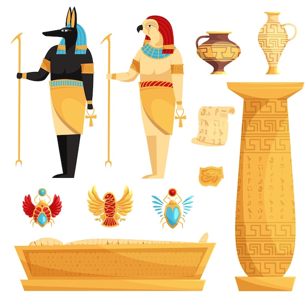 Set van geïsoleerde egyptische of egypte symbolen oude egypte muurschildering egyptische mythologie