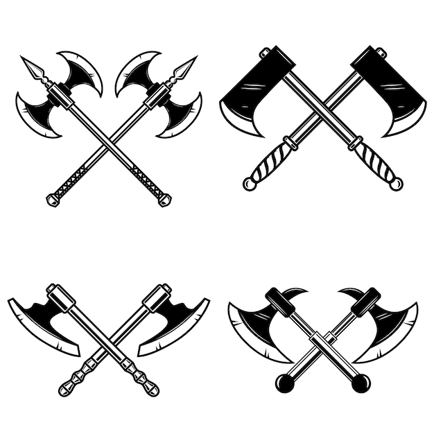 Vector set van gekruiste middeleeuwse bijl op witte achtergrond. element voor logo, label, embleem, teken. illustratie