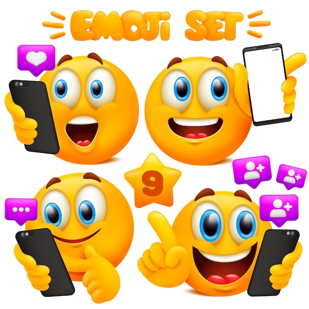 Set van gele emoji-cartoon met verschillende gezichtsuitdrukkingen in glanzend 3d. smartphone gebaren concept.