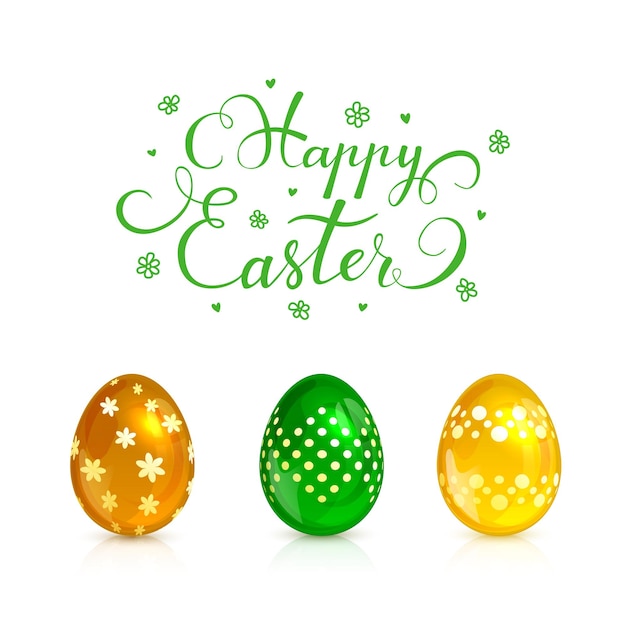 Set van gele, groene en gouden paaseieren met decoratieve patronen geïsoleerd op een witte achtergrond belettering happy easter illustratie