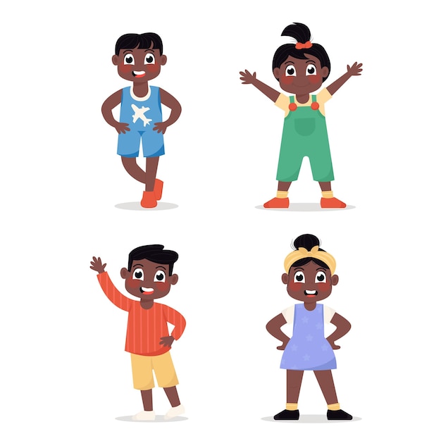 Vector set van gelukkige afro-amerikaanse kinderen meisjes en jongens staan in verschillende poses in platte stijl