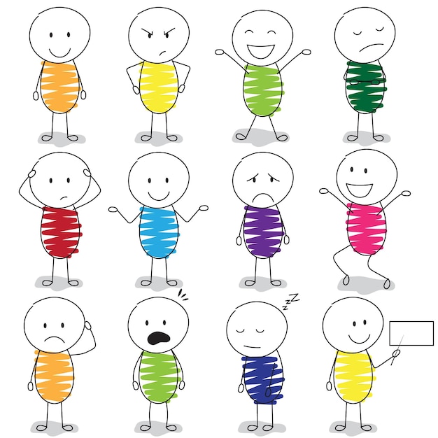 Set van gelukkige cartoon doodle figuren met verschillende gezichtsuitdrukkingen stok man