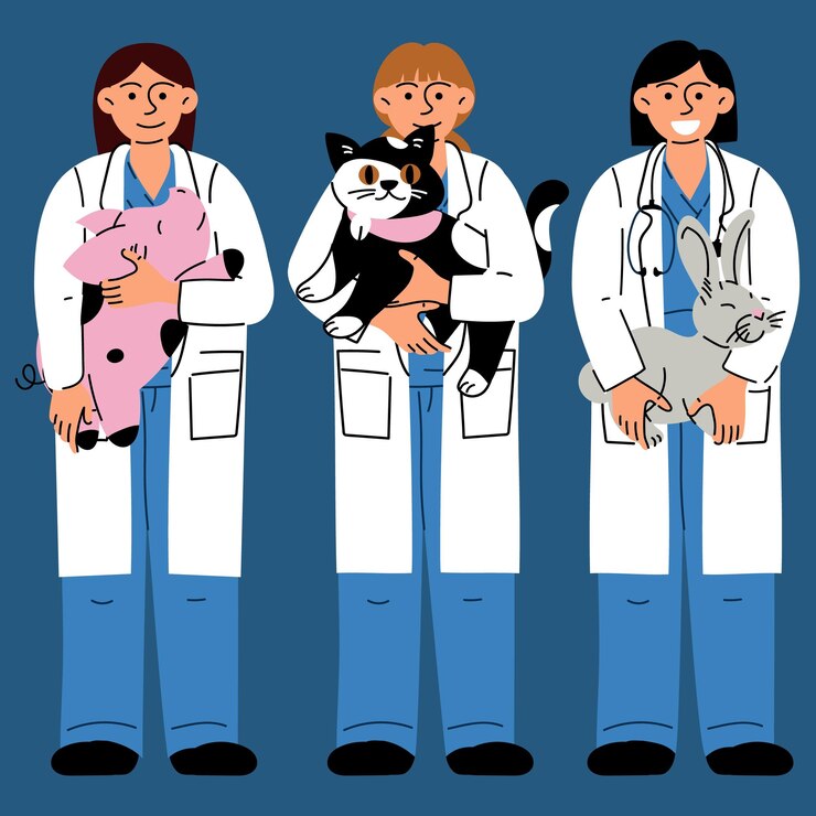 Vector set van gelukkige dierenartsmeisjes met een verscheidenheid aan huisdieren vector van dierenverzorging platte stijl vrouwelijke dierenartsen