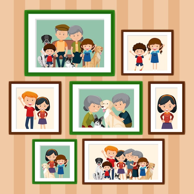 Set van gelukkige familiefoto's in kaders cartoon stijl