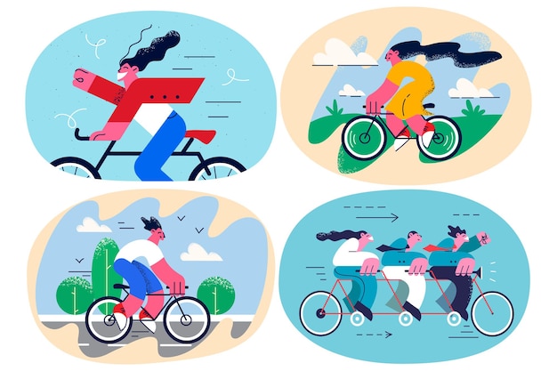 Set van gelukkige persoon rit fiets genieten van lichamelijke activiteit buitenshuis. Glimlachend meisje man opgewonden met fietsen buiten. Sport gezonde levensstijl concept. Platte vectorillustratie, stripfiguur.