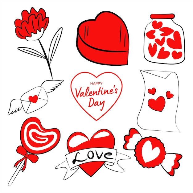 Vector set van gelukkige valentijnsdag elementen hart vliegende envelop snoepjes liefdesbrief bloem