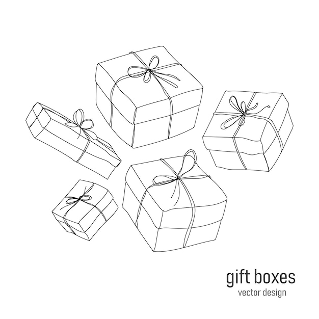 Set van geschenkdozen getekend in schets kunst lijnstijl geïsoleerd op een witte achtergrond boxing daypackaging