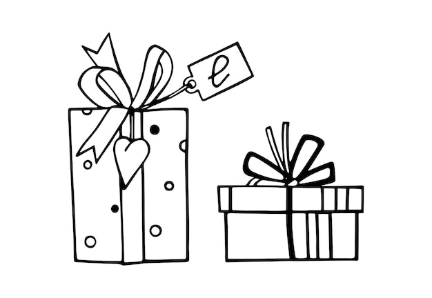 Vector set van geschenkdozen leuke huidige doos met een strik hartvormige hanger en label en doos versierd met een hartvormige sticker doodle vectorillustraties liefdesbericht voor kaart valentijnsdag