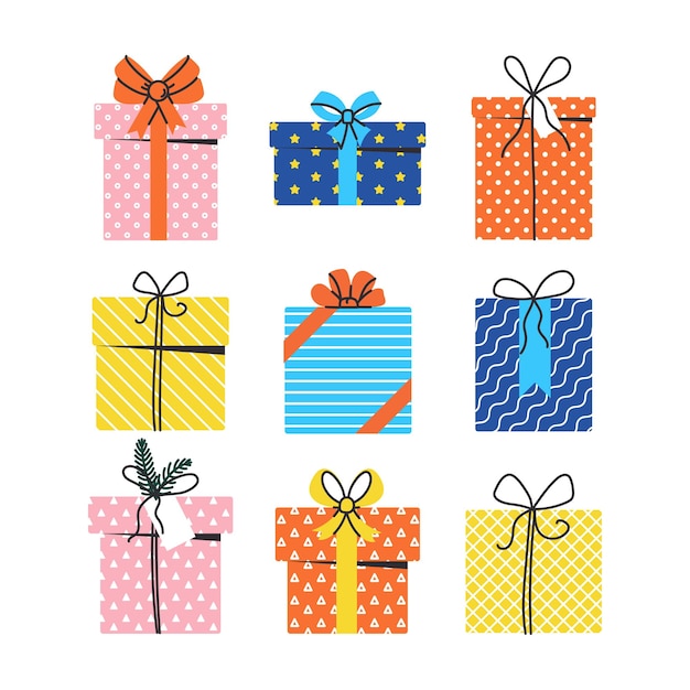 Set van geschenken en cadeautjes op Kerstmis verjaardag of feestdagen Vector illustratie geïsoleerd