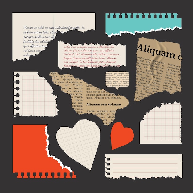 Set van gescheurde papieren Notepad vellen stukjes notebook pagina gescheurde brief en krant uitgeknipte harten Vector ontwerp sjabloon in oude stijl