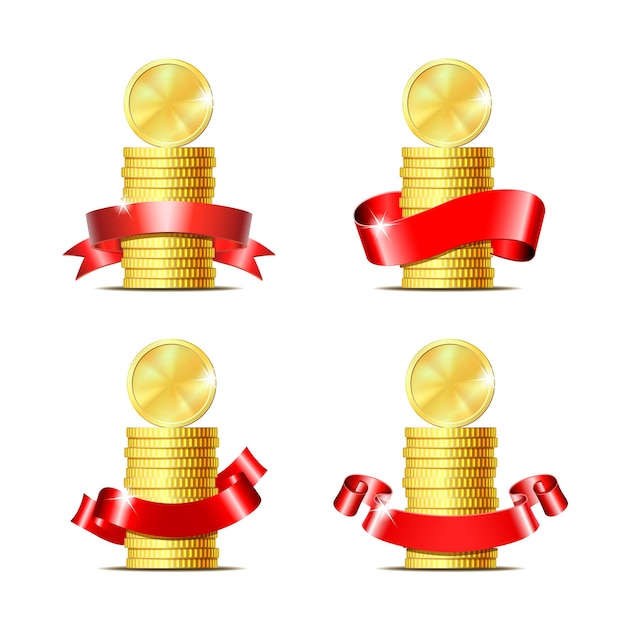 Set van gestapeld munten met rood lint Concept van geldelijke winst financiën succes of presenteert