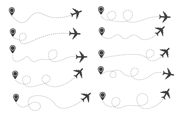 Set van gestippelde lijn vliegtuigroute met locatiepictogram plat ontwerp
