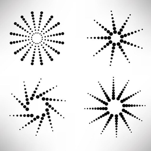 Set van gestippelde ronde elementen, zonnestralen geïsoleerd op een witte achtergrond.