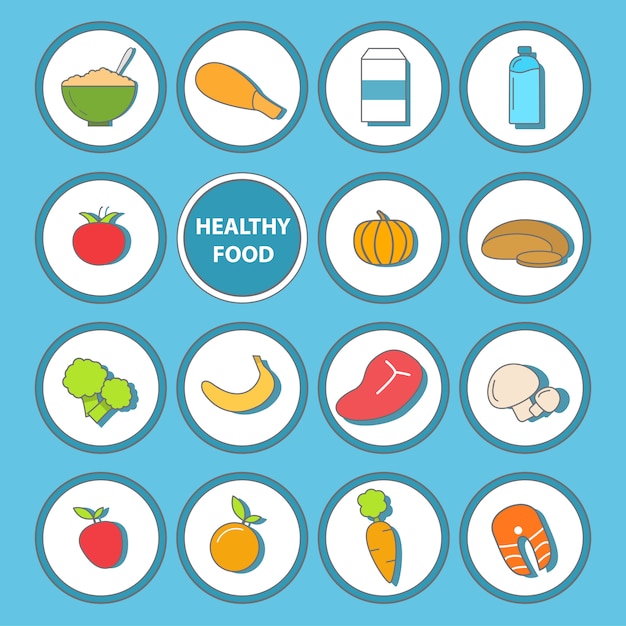 Set van gezond voedsel pictogrammen in vlakke stijl ontwerp.