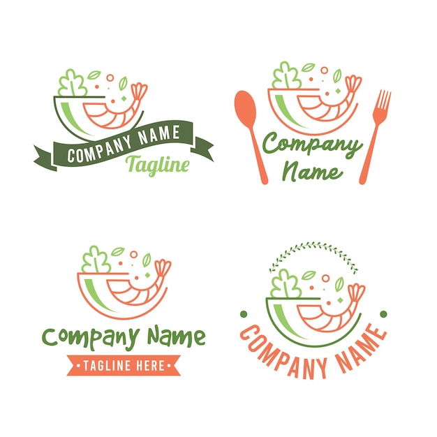 Vector set van gezonde voeding poke bowl-logosjabloon met garnaal en saladegroente in groene en oranje kleur