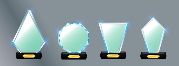 Set van glazen trofee award vector award op gradiënt grijze achtergrond gemakkelijk aan te passen