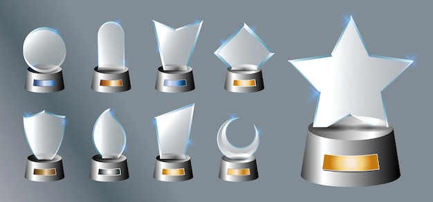 Set van glazen trofee award vector award op grijze achtergrond met kleurovergang