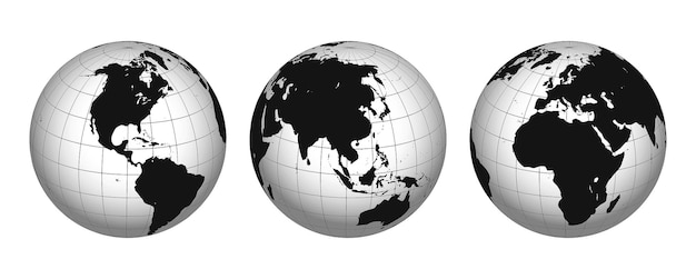 set van globe raster aarde planeet of bol draadframe geïsoleerd.