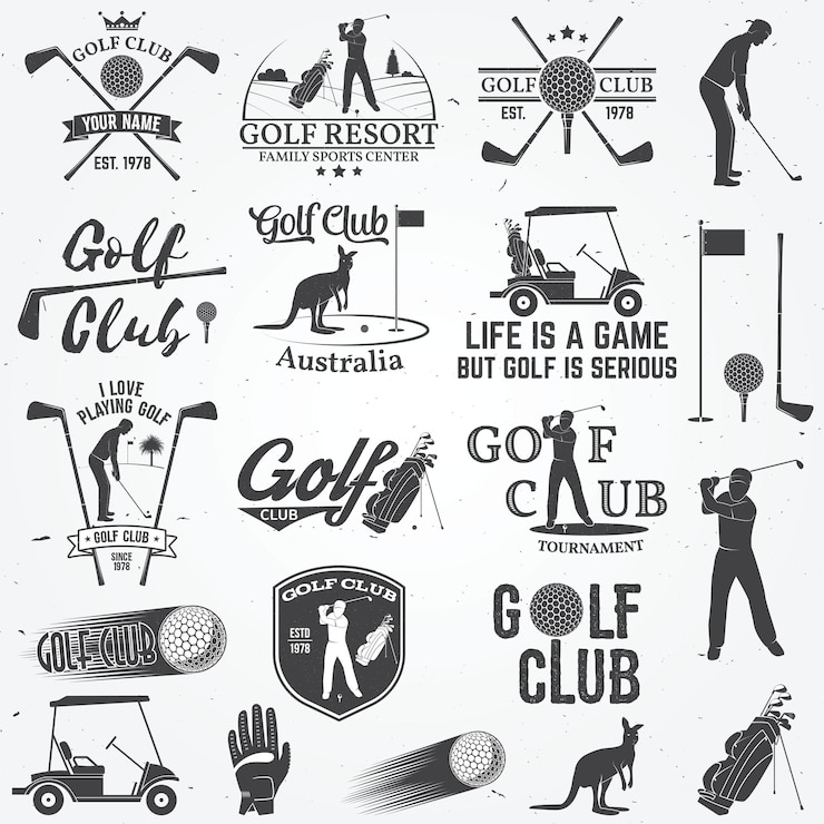 Vector set van golfclub concept met golfer silhouet