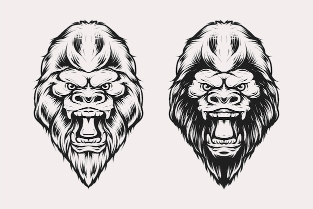 Set van gorilla hoofd vectorillustratie in vintage zwart-wit stijl. geschikt voor t-shirts, prints, logo's en andere kledingproducten