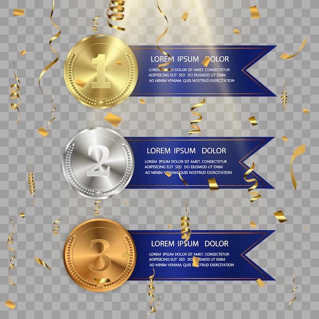 Set van goud brons en zilver winnaar prijs competitie prijs medaille en banner voor tekst