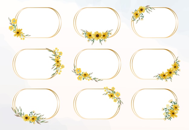 Vector set van gouden bloemen frame modern minimalistisch aquarel bloemboeket arrangement gele bloem