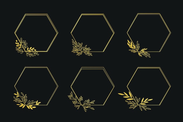 Set van gouden bloemenframe Luxe zeshoek framerand bloemenornament