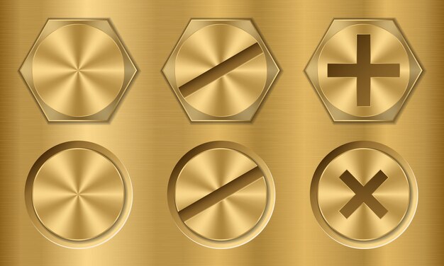 Vector set van gouden boutkoppen schroef- en boutkoppen topweergave gouden metalen boutjes vectorillustratie