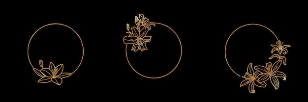 Set van gouden frame sjabloon lily flower en monogram concept in minimale lineaire stijl. vector bloemenembleem met exemplaarruimte voor brief of tekst. embleem voor cosmetica, mode, schoonheid, uitnodiging