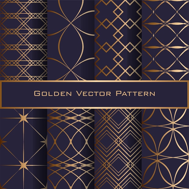 Set van gouden geometrische naadloze patronen blauwe achtergrond