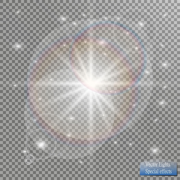 Set van gouden gloeiende lichteffecten geïsoleerd op transparante achtergrond Zon flits met stralen en spotlight Glow lichteffect Star burst met sparkles