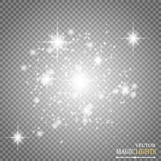 Vector set van gouden gloeiende lichteffecten geïsoleerd op transparante achtergrond zon flits met stralen en spotlight glow lichteffect star burst met sparkles