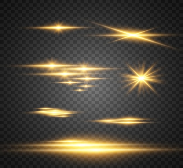 Set van gouden heldere mooie sterren. Lichteffect Bright Star. Mooi licht ter illustratie.